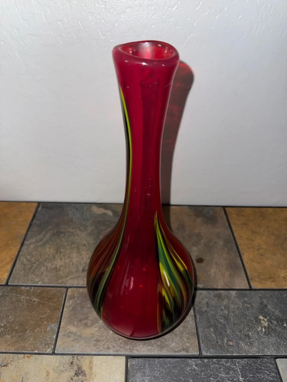 Pier 1 14.5 Red Handblown Glass Bud Vase with Multicolor Teardrop Accent